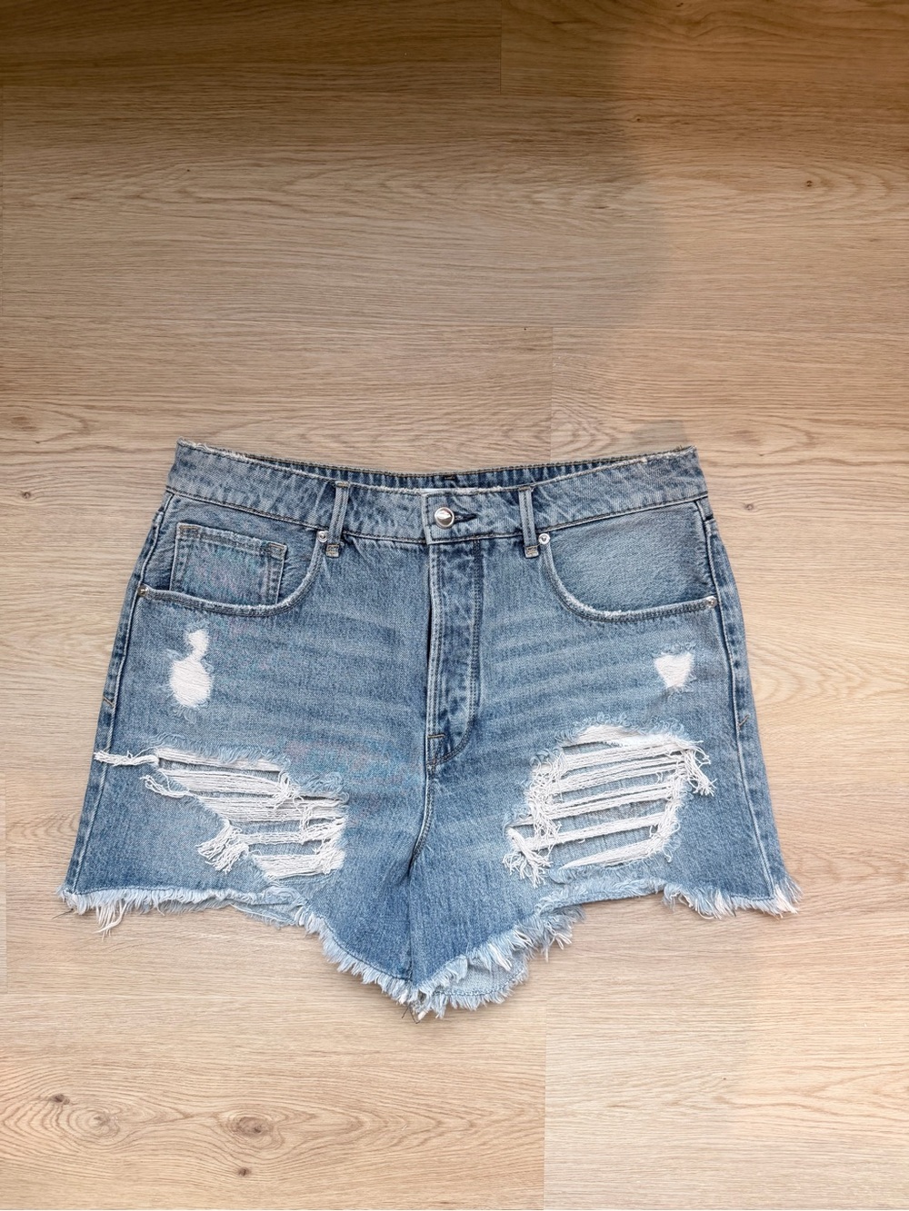 Good American Light Blue Distressed Denim Shorts